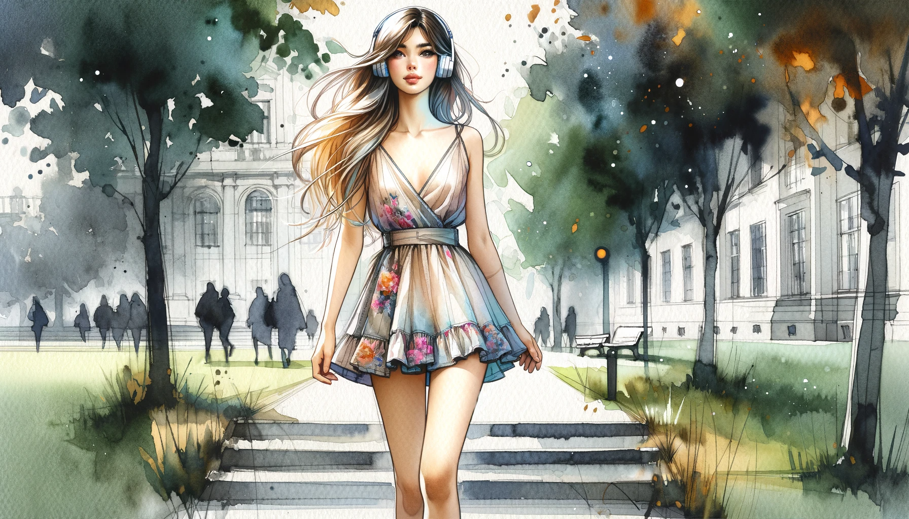 DALL·E 2023-12-15 00.46.22 - Full-body watercolor paintings of a young fair-skinned Ukrainian model walking on sidesteps. In her 20s, wearing a short summer dress with a Deep V-ne.png
